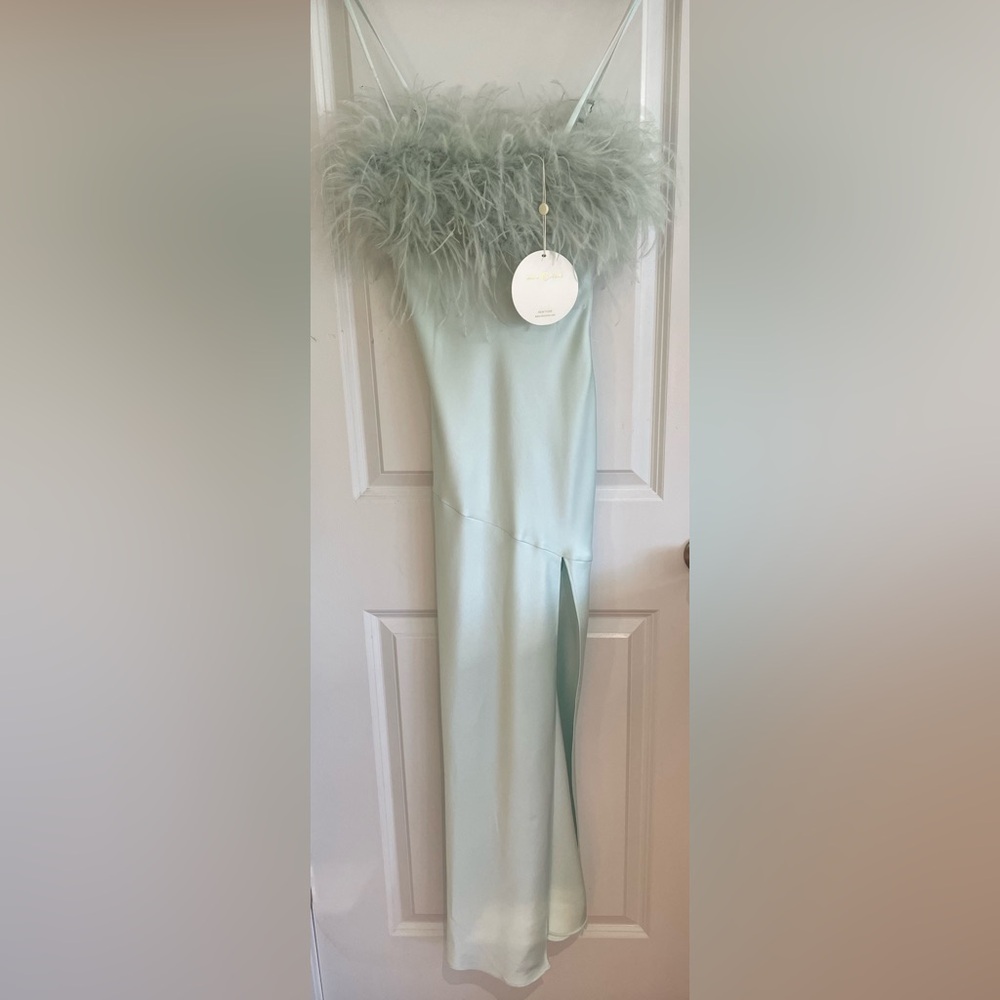 Spaghetti Strap with Feather-Trim Midi Dress in Light Mint